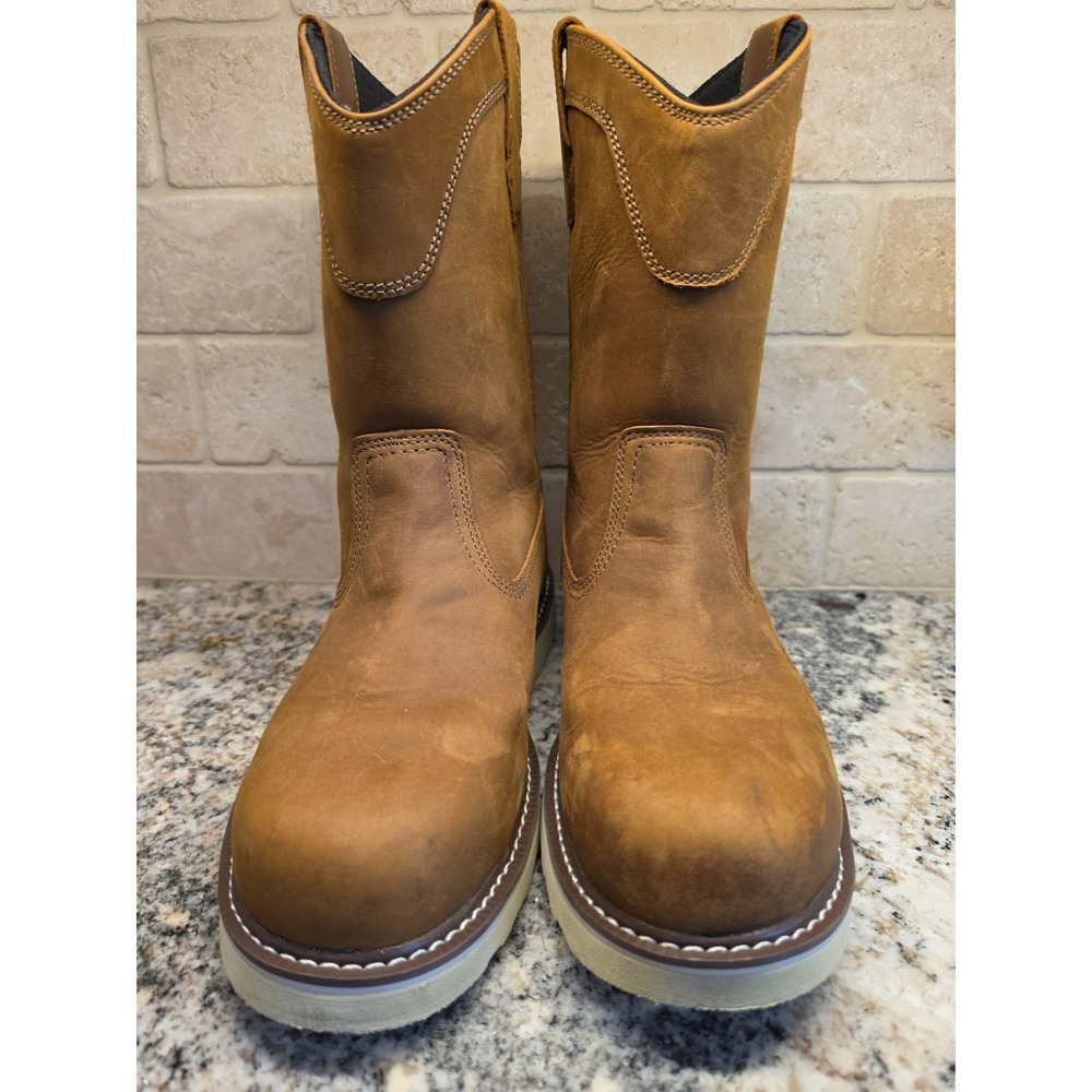 Mens Light Brown Work Boots Leather Oil Resistant Pull On Wedge Steel Toe Sz 8.5